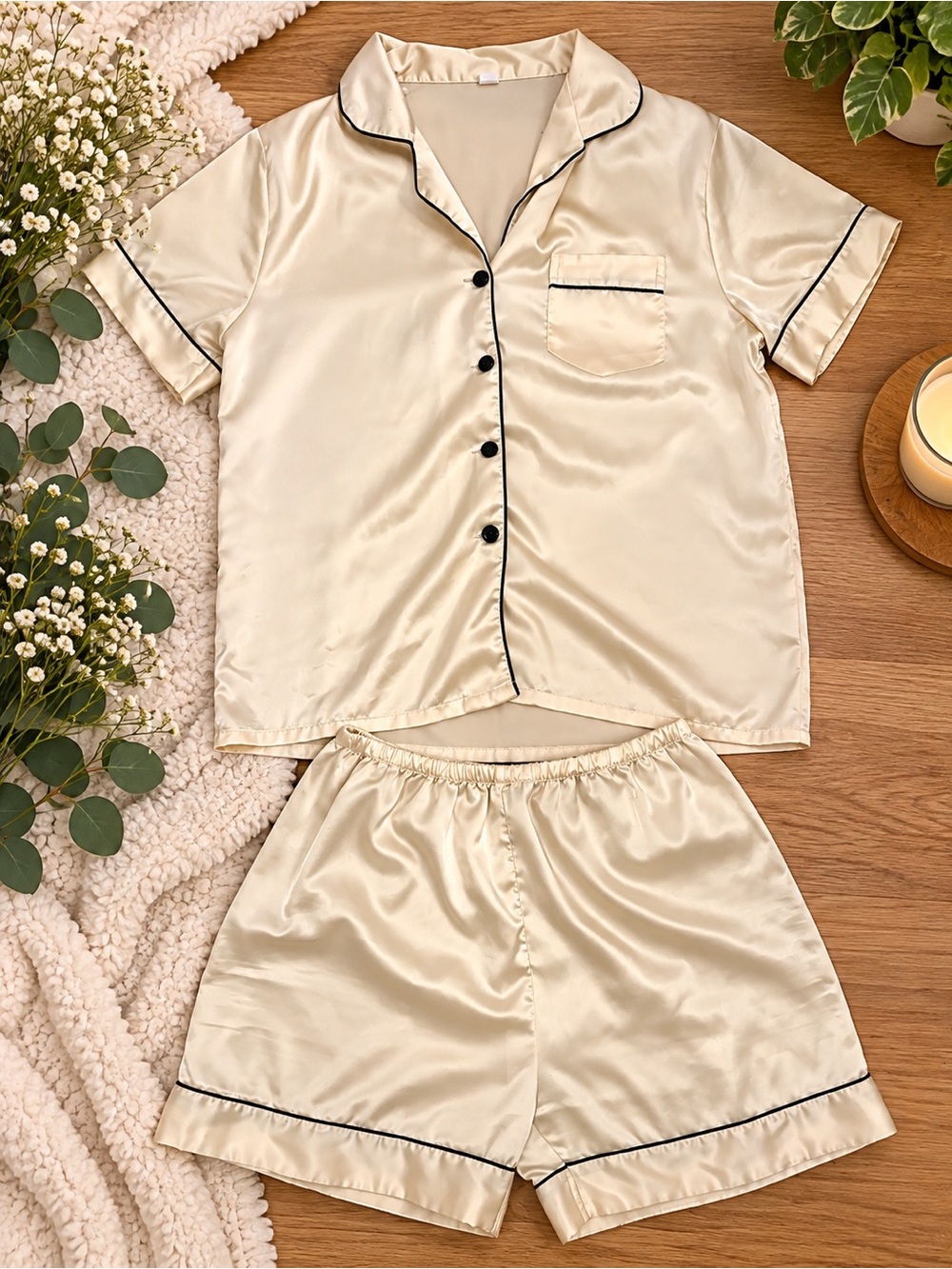 Silky Cream Short Sleeve Pajama Set